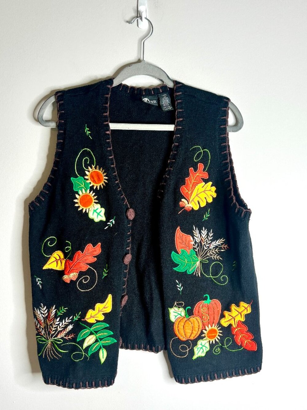 Vintage Grandma Sweater Cardigan Vest Fall Autumn Embroidered Button-Up Sz L